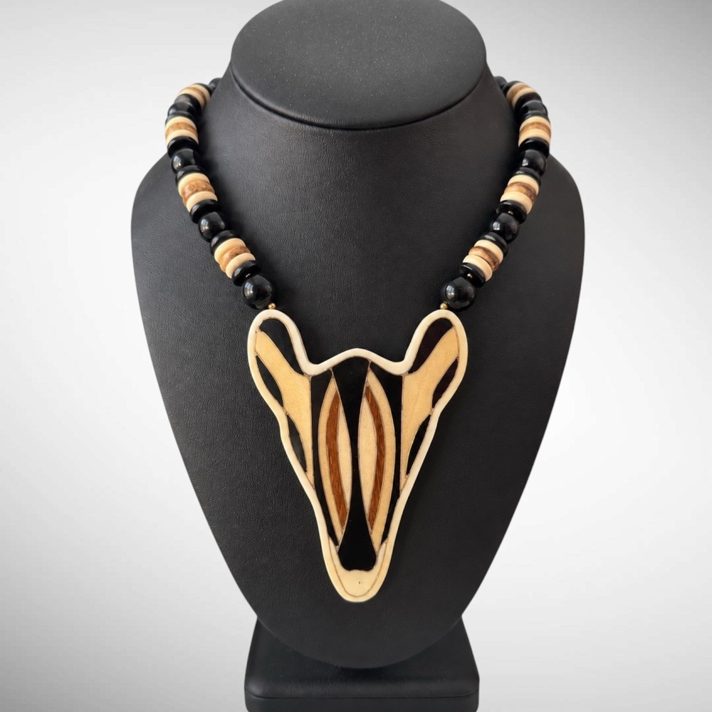 Lee Sands Zebra Head Inlay Beaded Statement Necklace Safari Boho Vintage Estate